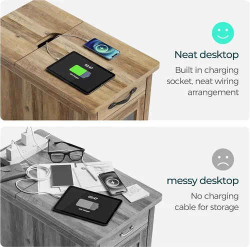 Miniatura 5 de LINSY HOME Juego de 2 mesas auxiliares con estación de carga, mesa auxiliar moderna de estilo granja para sofá, mesa auxiliar de madera para Marrón