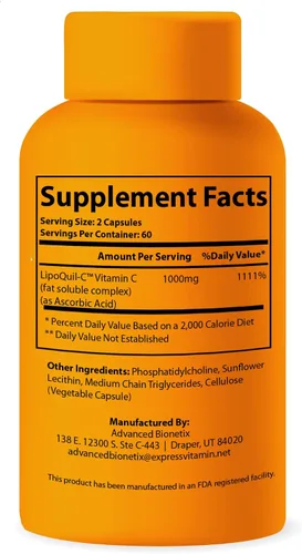 Miniatura 7 de Advanced Bionetix Suplemento de vitamina C liposomal Tecnología de absorción mejorada LipoQuil-C 120 cápsulas 1000 mg de alta dosis soluble