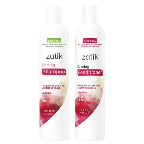 Zatik Naturals - Juego de champú calmante + acondicionador, con jazmín y cereza silvestre para la caspa, vegano biodegradable, pH equilibrado, libre