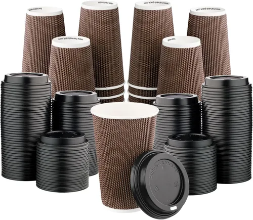 Miniatura 10 de Paquete de 85 tazas de café desechables de 16 onzas, vasos de papel de doble pared con tapas, diseño geométrico marrón, tazas de papel calientes