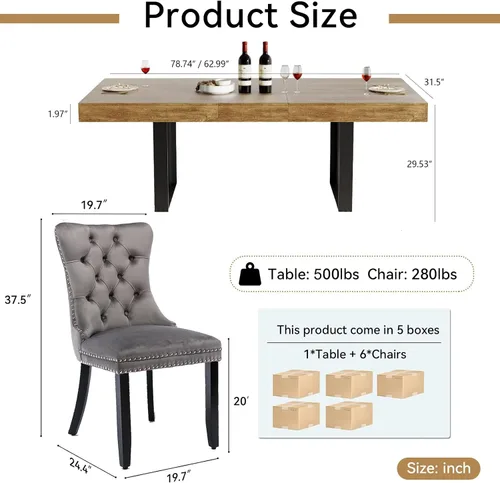 Miniatura 3 de Juego de mesa de comedor extensible marrón de 7 piezas para 6, 63 a 78.74 pulgadas, moderno juego de mesa de cocina y comedor, mesa de comedor Mesa