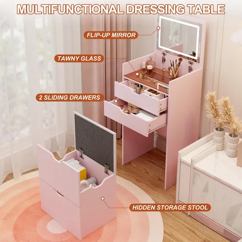 Miniatura 4 de Escritorio de tocador 3 en 1 para dormitorio con espejo iluminado superior abatible, tocador de maquillaje compacto de 17.9 pulgadas con 3 cajones