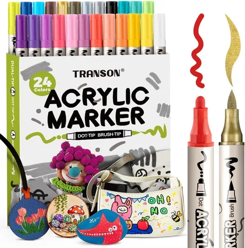 Miniatura 12 de TRANSON Juego de rotuladores de pintura acrílica de doble punta de 12 colores para lienzo de madera, madera, cuero, cerámica, pintura de bricolaje