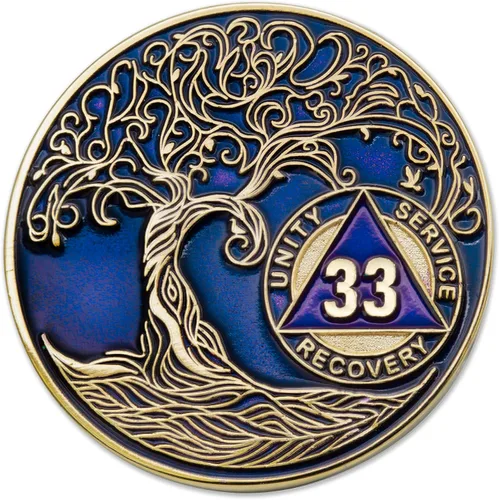 Miniatura 52 de 20 Year Sobriety Mint Twisted Tree of Life - Medallón de recuperación AA chapado en oro, fichas y fichas, color negro