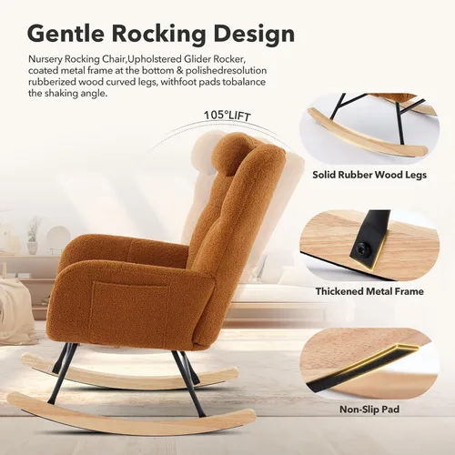 Miniatura 4 de Mecedora para guardería, mecedora tapizada para bebé, silla de lectura con respaldo alto, sillas cómodas para sala de estar, dormitorio, enfermería