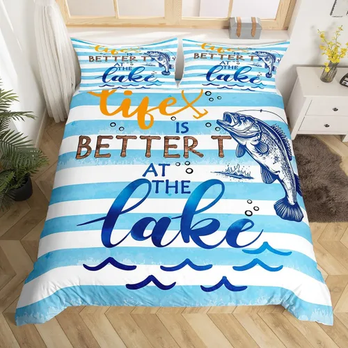 Erosebridal Juego de ropa de cama individual con diseño de peces de lubina, la vida es mejor en el lago, funda de edredón para niños y niñas, funda