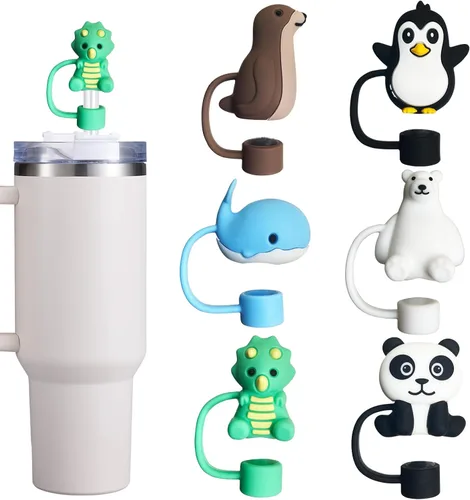 Miniatura 12 de 5 tapas de pajita para vaso Stanley, tapa de silicona con lindos animales para vaso Stanley de 30 y 40 oz con asa, puntas de pajita reutilizables a