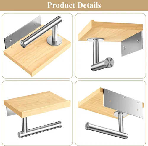 Miniatura 5 de Tindbea Soporte de papel higiénico con estante de madera, soporte de rollo de papel de seda de madera para montaje en pared, níquel cepillado