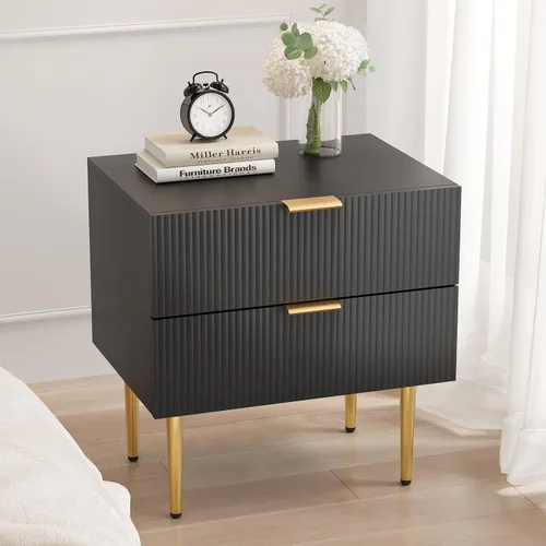 Mesita de noche, mesita de noche negra y dorada con panel estriado, mesa de cabecera con 2 cajones, mesita de noche moderna grande de mediados de