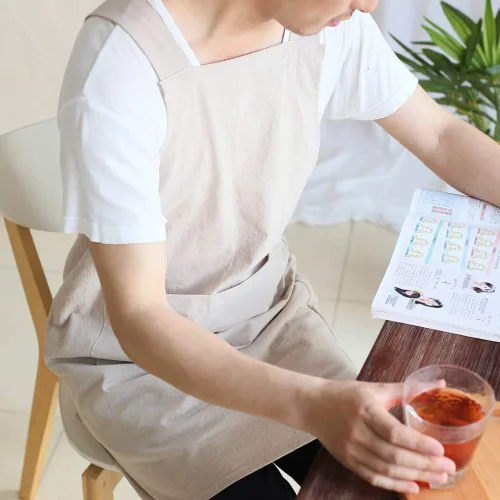 Miniatura 4 de NEWGEM - Delantales de cocina de lino japonés para mujeres y hombres, con tirantes cruzados y bolsillos, para repostería y cocina caqui (Men's Khaki)