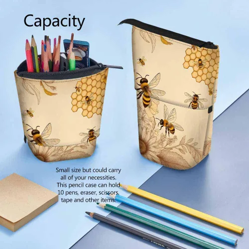 Miniatura 5 de Swono Honey Bees Wildflowers Estuche para lápices Retro Grabado Sombreado Stand Up Estuche Organizador Portalápices Bolsa de Cosméticos para Mujeres