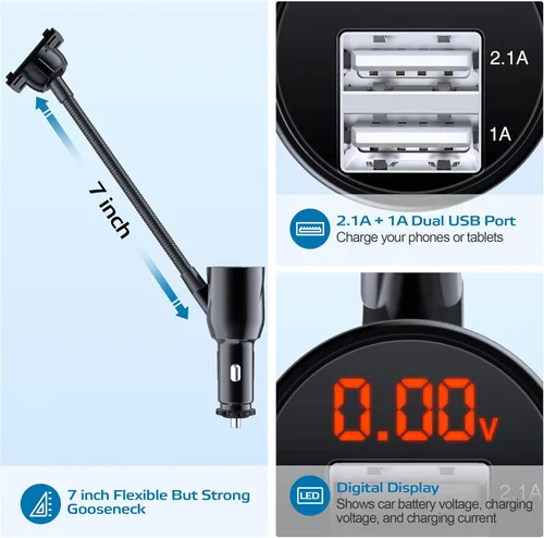 Miniatura 8 de 3 en 1 con encendedor de cigarrillos para coche + Detector de Voltaje (No para consola central y ventana), Cargador Dual USB 3.1A con cuello cisne