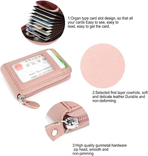 Miniatura 5 de WITATAOGE Tarjetero de cuero para mujer, pequeño estuche de bloqueo RFID de gran capacidad para tarjetas, Rosa Rojo, A la moda