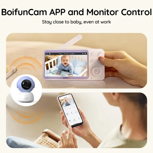 Miniatura 10 de BOIFUN Monitor Wi-Fi para bebés con cámara y audio, APP compatible con smartphones, visión nocturna HD 2K con pantalla de 5", seguimiento automático