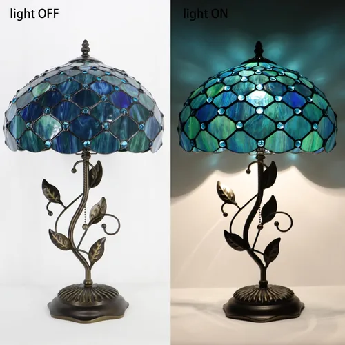 Miniatura 7 de Tiffany Table Lamp, Stained Glass Desk Light, W12H19 Inch, Metal Leaf Base (Sea Blue Pearl Style)