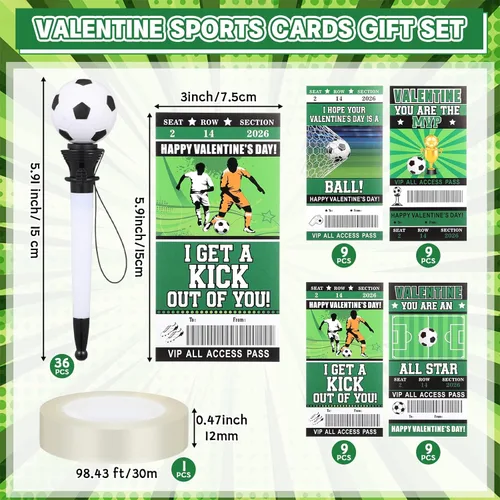 Miniatura 2 de Sayglossy Juego de 28 tarjetas deportivas para el día de San Valentín con bolígrafo – Bolígrafos de fútbol 2026, tarjetas deportivas para el día