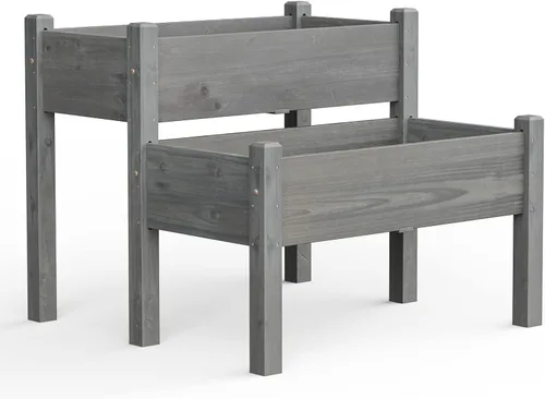 Miniatura 7 de Giantex Juego de 2 camas de jardín elevadas, caja de madera elevada, kit de cama elevada para flores, verduras, frutas, hierbas, contenedor de Gris