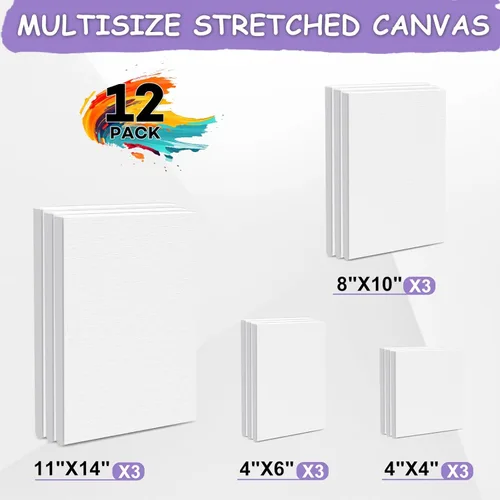 Miniatura 2 de ESRICH Lienzo estirado para pintar, paquete de 12 lienzos en blanco de varios tamaños para pintar, lienzo imprimado para niños, adultos