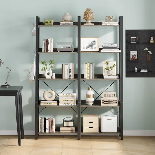 Miniatura 5 de Seventable Estantería grande de 5 niveles, estantería industrial de 63 pulgadas de alto con 4 ganchos, estantería de madera para oficina en casa