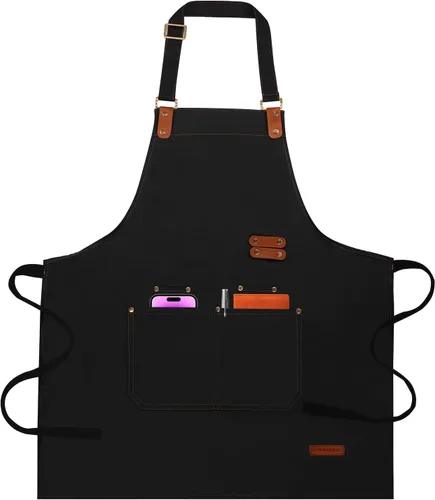 Delantales de chef para mujeres y hombres con bolsillos (funcionales y grandes), repelente al aceite y resistente al agua, lona negra resistente con