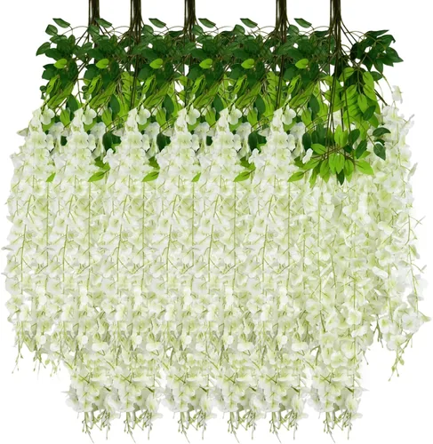 Miniatura 16 de Paquete de 12 guirnaldas de flores colgantes de glicina blanca, enredaderas de flores artificiales de 3.77 pies, glicinia falsa, guirnalda colgante