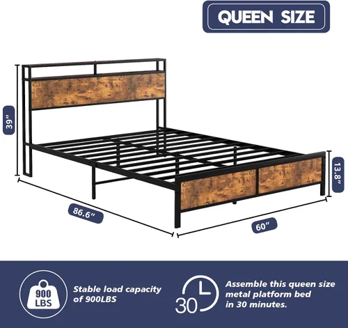 Miniatura 3 de Base de cama Queen con luces LED, cabecera de almacenamiento industrial con estación de carga y puerto USB, marco de cama industrial moderno