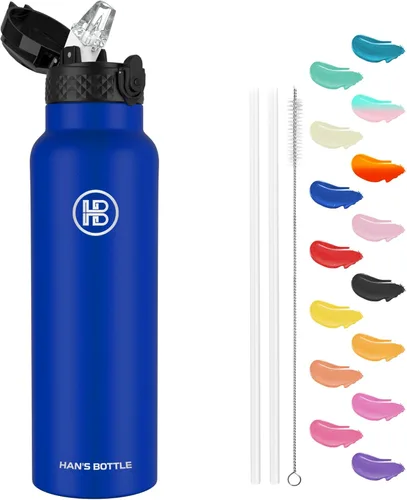 Miniatura 30 de Han's Bottle - Botella de agua para niños con tapa con pajilla - Vaso reutilizable de acero inoxidable aislado para niñas, niños, taza térmica, 17