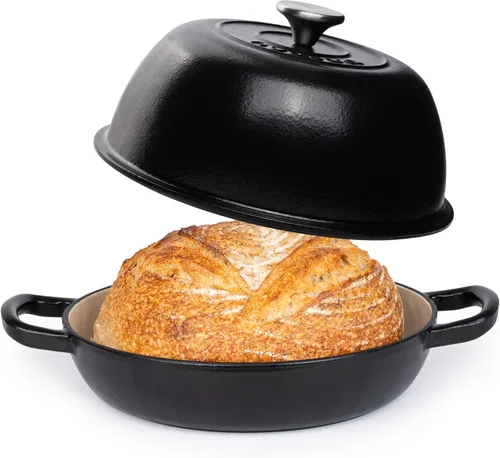 Olla de Horno Holandés de Hierro Fundido Esmaltado – Horno Holandés para Hornear Pan de Masa Madre – Olla de Pan de Hierro Fundido – Negro, 6