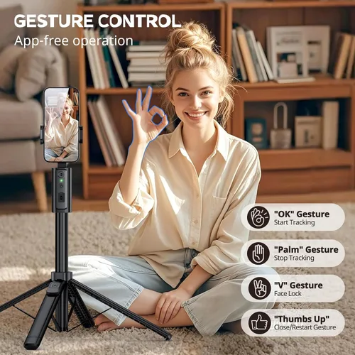 Miniatura 4 de UBeesize Trípode de seguimiento facial automático de 67 pulgadas con rotación de 360°, soporte para teléfono inteligente con control remoto, palo
