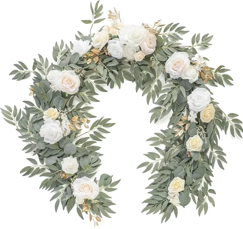 Miniatura 6 de Floroom Guirnalda de eucalipto artificial de 6 pies con flores, vegetación falsa, guirnalda de vid floral sintética para decoración de mesa, centros