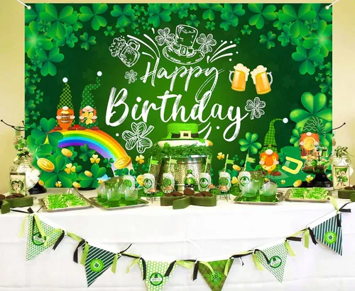 Miniatura 6 de Decoraciones de cumpleaños del día de San Patricio, pancarta de fondo de feliz cumpleaños del día de San Patricio, trébol de la suerte, trébol