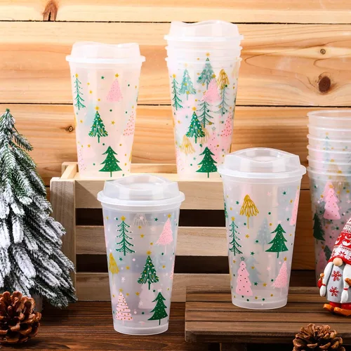 Miniatura 6 de Bokon 12 piezas de tazas de plástico transparente reutilizables de Navidad a granel, 16 oz, tazas de árbol de Navidad de estilo bohemio, tazas