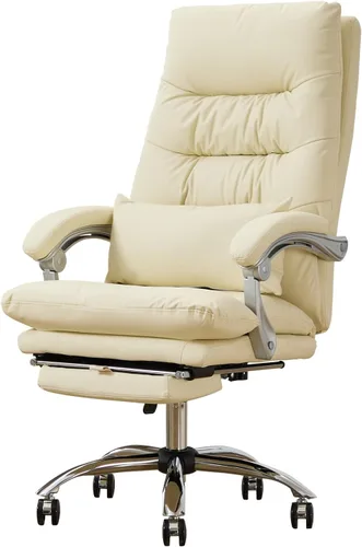 Miniatura 7 de Silla de oficina con reposapiés, respaldo alto 155° reclinable, silla de computadora de escritorio de oficina de cuero, silla giratoria de Beige