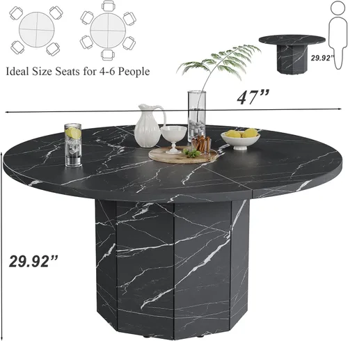 Miniatura 2 de HSH Mesa de comedor redonda para 4-6 personas, mesa de cocina de mármol sintético negro de 47", mesa de comedor moderna de madera para sala de estar