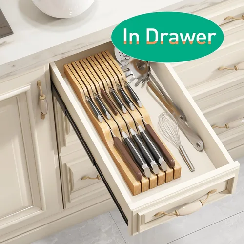 Miniatura 4 de Inserto Organizador de Cajones para Cuchillos, Soporte de Cuchillos de Madera de Bambú, Bloque de Cuchillos que Sostiene Hasta 11 Cuchillos Natural
