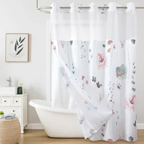 Miniatura 12 de QiyI Cortina de ducha de flores con forro a presión, cortina de baño de tela floral de acuarela azul beige, cortinas de ducha sin gancho con ventana