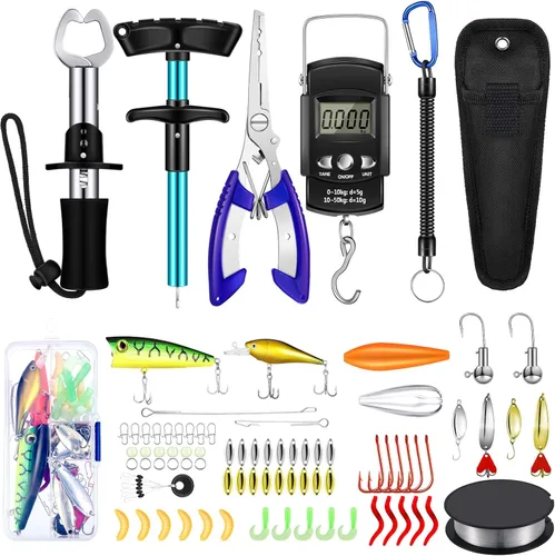 Sosation 134 piezas Kit de herramientas de pesca Equipo y accesorios para hombres adultos familia Juego de alicates, herramienta para quitar Azul
