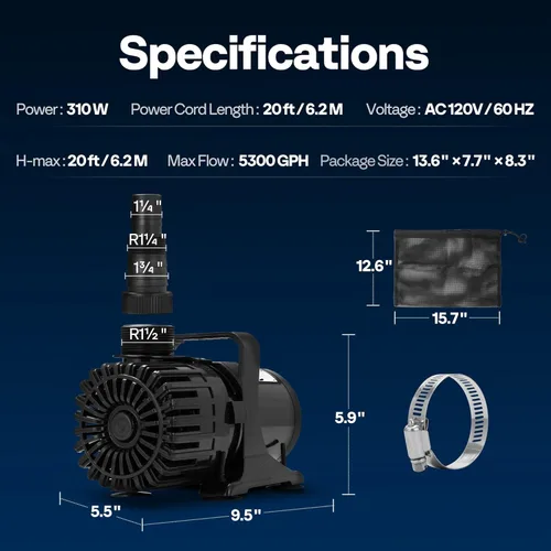 Miniatura 6 de VIVOHOME Bomba de agua sumergible de 310 W 5300 GPH con salida de agua ajustable de 180°, elevación de 20 pies de altura para fuentes de cascada