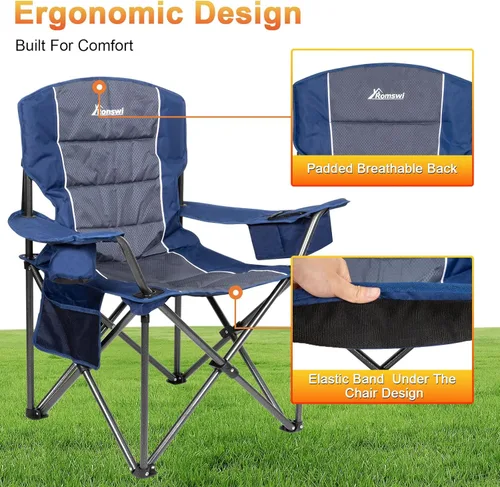 Miniatura 6 de Romswi Sillas de campamento de gran tamaño, soporte resistente de 500 libras, sillas deportivas acolchadas con respaldo y brazo, bolsa enfriadora