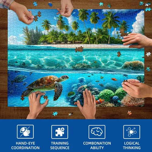 Miniatura 3 de Sutinban Rompecabezas de 1000 piezas de tortuga marina para adultos, rompecabezas de 1000 piezas para adultos, rompecabezas de espíritu ondulado