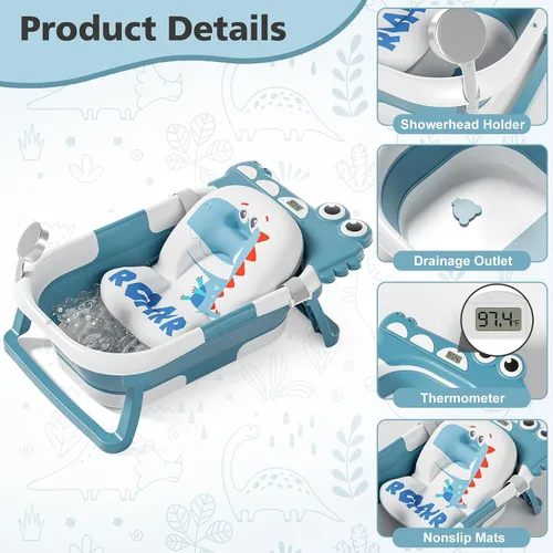 Miniatura 2 de Bañera plegable para bebé recién nacido, bañera plegable para bebé con termómetro y cojín flotante suave y orificio de drenaje, bañera portátil