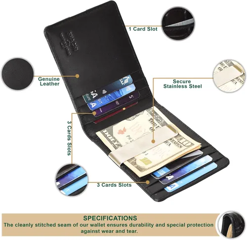 Miniatura 2 de S S SHACHI Cartera de cuero para hombre con bloqueo RFID, bolsillo frontal con 9 ranuras, cuero auténtico de grano completo, tarjetero múltiple