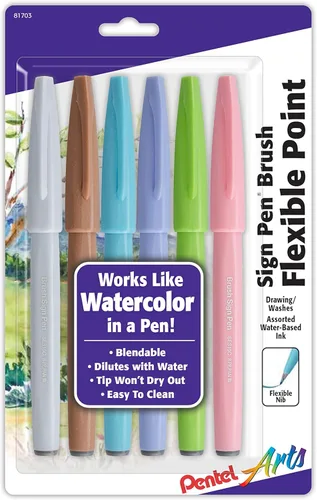 Pentel Arts Sign Pen Brush Tip, 4 colores pastel surtidos, paquete de 6 (SES15C2BP6M1)