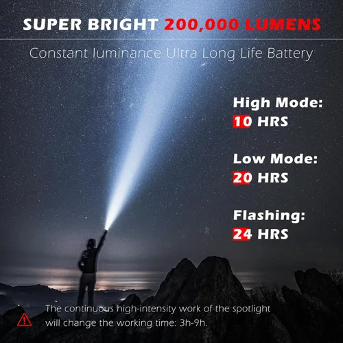 Miniatura 4 de FORTO Foco recargable, 200000 lúmenes, luz de mano con soporte plegable, 6 modos IPX7, impermeable, luces LED para pasear al perro, caza, camping