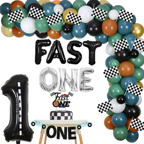 Cheereveal Fast One - Decoraciones de primer cumpleaños para niños, suministros para fiesta de primer cumpleaños con temática de coche de carreras,