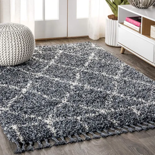JONATHAN Y Mercer Shag - Alfombra de felpa con borlas azul/crema, 8 x 10 pies, enrejado geométrico marroquí, fácil limpieza, para sala de estar,