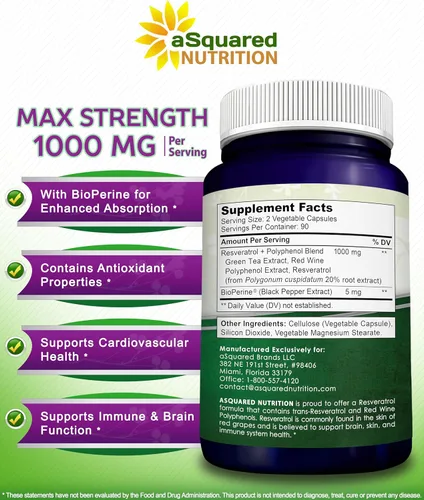 Miniatura 8 de aSquared Nutrition Resveratrol natural con extracto de vino tinto - 180 cápsulas - Pastillas de suplemento antioxidante de trans resveratrol