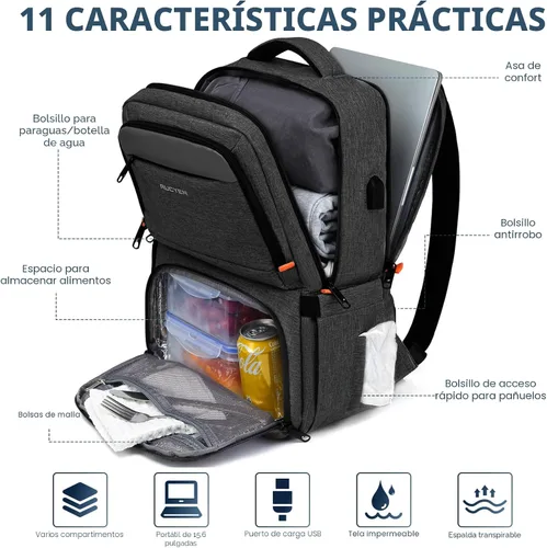 Miniatura 2 de Mochila de almuerzo, mochila con aislamiento térmico para hombres y mujeres, mochila para portátil con protección RFID y puerto USB, Negro, 15,6