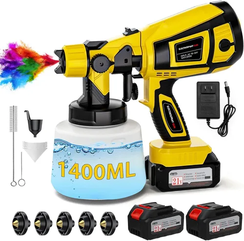Pistola de Pintura Inalámbrica con Batería de 2 de 4000mAh, 5 Boquillas y 3 Modos de Pulverización Ajustables, Pistola de Pintura con Contenedor de
