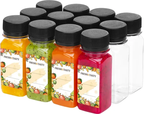 TOMNK 12pcs 2oz Plastic Shot Juice Bottles with Caps, Reusable Clear Bulk Beverage Containers for Ginger Shot, Juice, Milk and Other Beverages